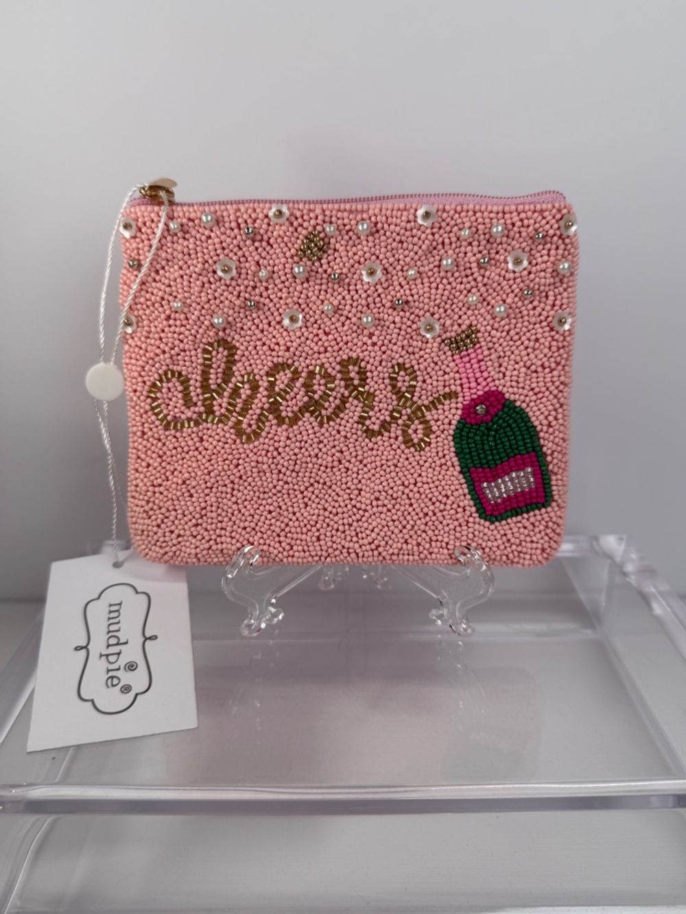 Mud Pie Pink Beaded 'Cheers' Zip Pouch